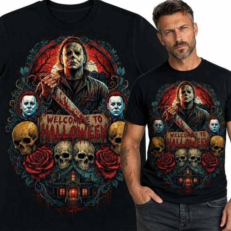 Koszulka męska z maskowanym zabójcą „Welcome to Halloween”