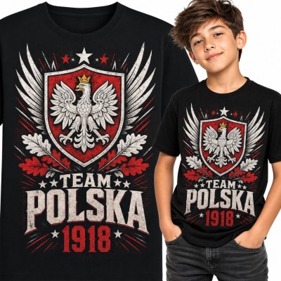 Koszulka chłopięca „Team Polska 1918” - orzeł biały na tarczy ze skrzydłami
