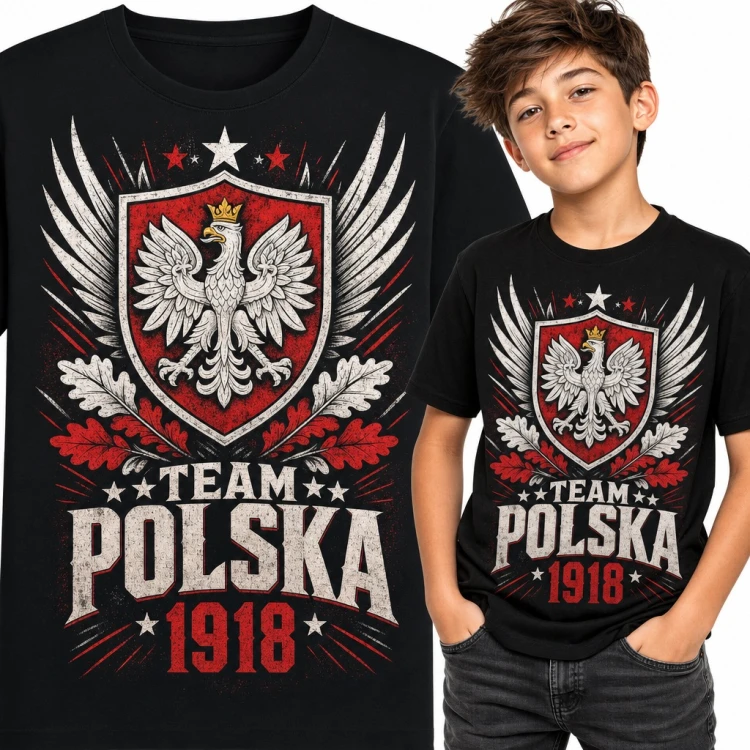 Koszulka chłopięca „Team Polska 1918” - orzeł biały na tarczy ze skrzydłami
