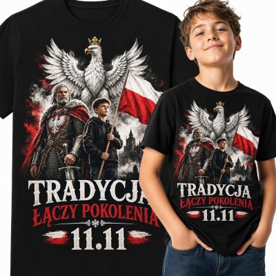 Koszulka chłopięca patriotyczna „Tradycja łączy pokolenia 11.11” - orzeł w koronie i rycerz z chłopcem