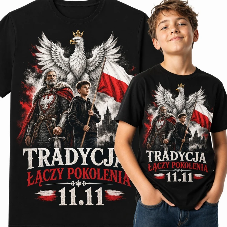 Koszulka chłopięca patriotyczna „Tradycja łączy pokolenia 11.11” - orzeł w koronie i rycerz z chłopcem