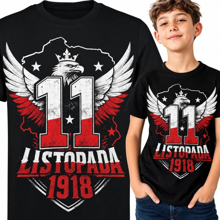 Koszulka chłopięca „11 listopada 1918” - orzeł w koronie i biało-czerwone skrzydła