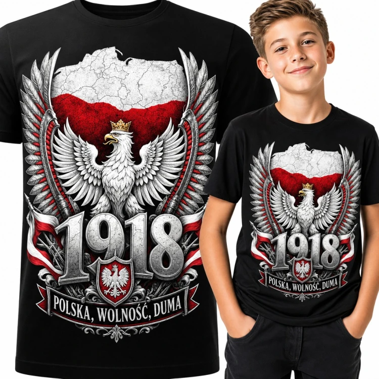 Koszulka chłopięca patriotyczna 1918 „Polska, wolność, duma” - orzeł w koronie i husarskie skrzydła
