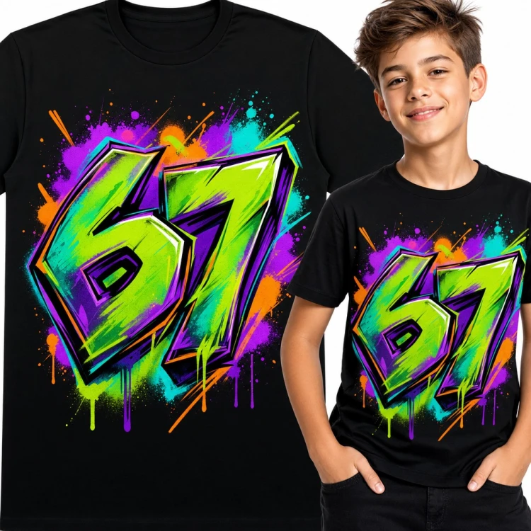 Koszulka chłopięca „67” Six Seven - neonowe graffiti z mema