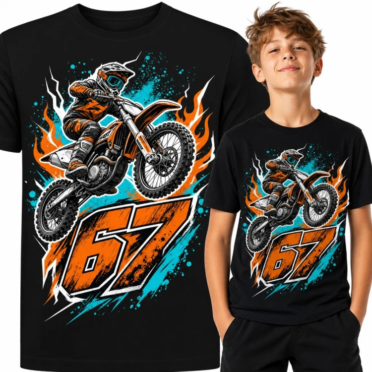Koszulka chłopięca „67” - motocross, zawodnik w skoku na crossie