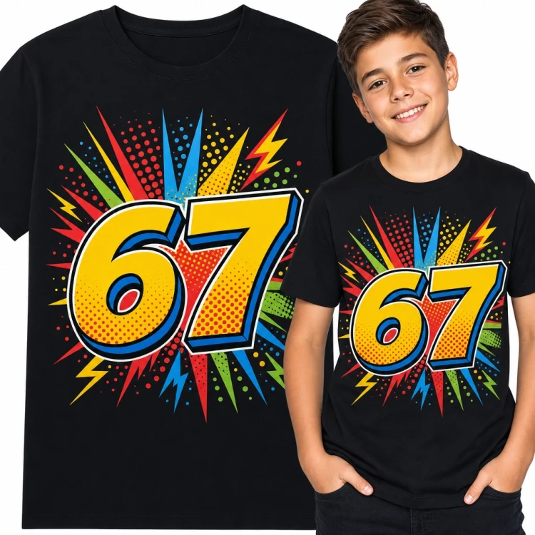 Koszulka chłopięca „67” - mem Six Seven w komiksowym stylu pop-art