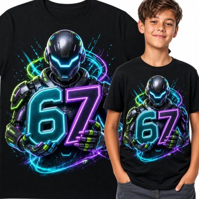 Koszulka chłopięca „67” - neonowy robot cyborg z memem Six Seven