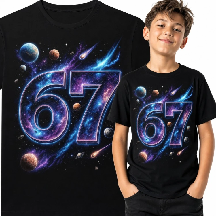 Koszulka chłopięca „67” Six Seven - mem w kosmicznej galaktyce