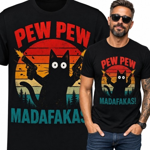 Koszulka męska z kotem i napisem „Pew Pew / Madafakas!” - retro western