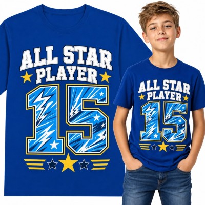 Koszulka chłopięca „All Star Player 15” - sportowy numer z piorunami i gwiazdami
