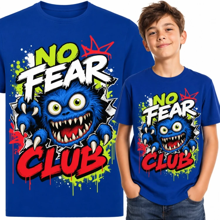 Koszulka chłopięca „No Fear Club” - niebieski potwór z kłami w stylu graffiti