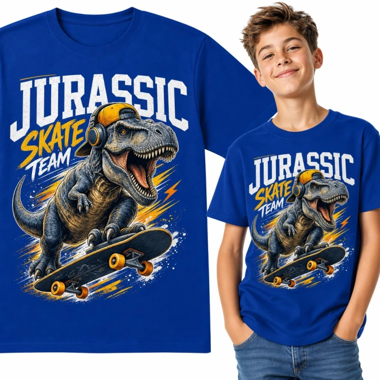 Koszulka chłopięca „Jurassic Skate Team” - T-rex na deskorolce