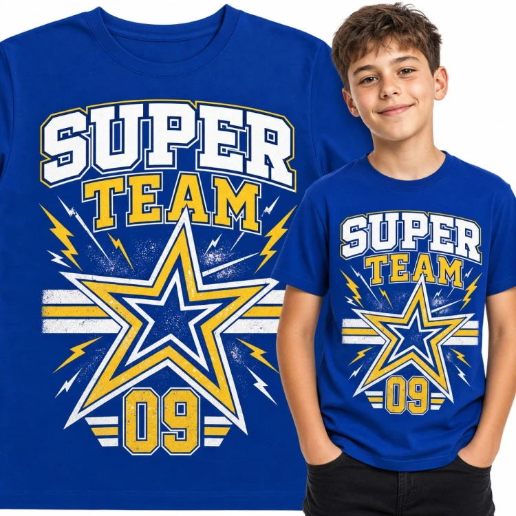 Koszulka chłopięca „Super Team 09” - gwiazda i błyskawice w stylu college