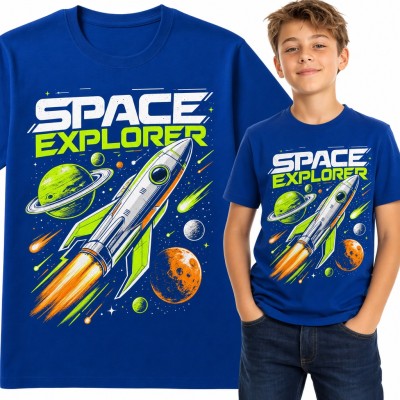 Koszulka chłopięca z rakietą wśród planet „Space Explorer”