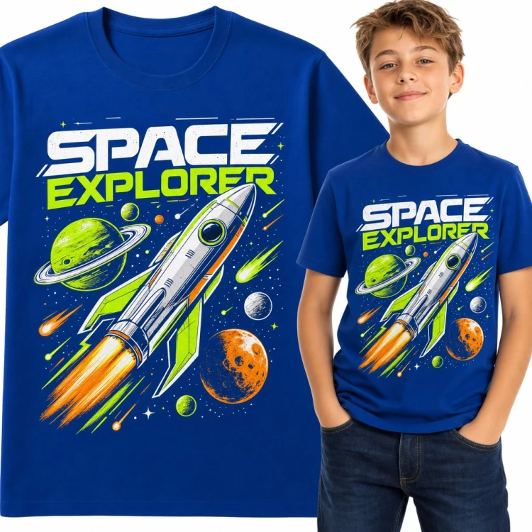 Koszulka chłopięca z rakietą wśród planet „Space Explorer”