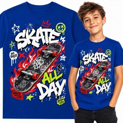 Koszulka chłopięca „Skate all day” - deskorolka w płomieniach w stylu graffiti