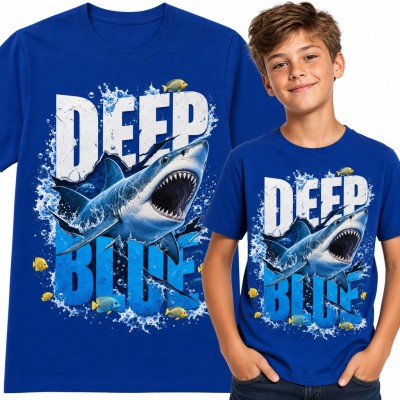 Koszulka chłopięca z rekinem „Deep Blue” - drapieżnik z oceanu wśród rybek