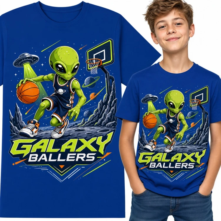 Koszulka chłopięca „Galaxy Ballers” - kosmita koszykarz z UFO dla fana koszykówki