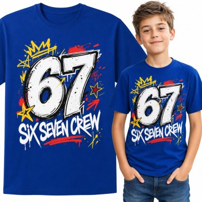 Koszulka chłopięca „67 Six Seven Crew” - mem w stylu graffiti z koroną