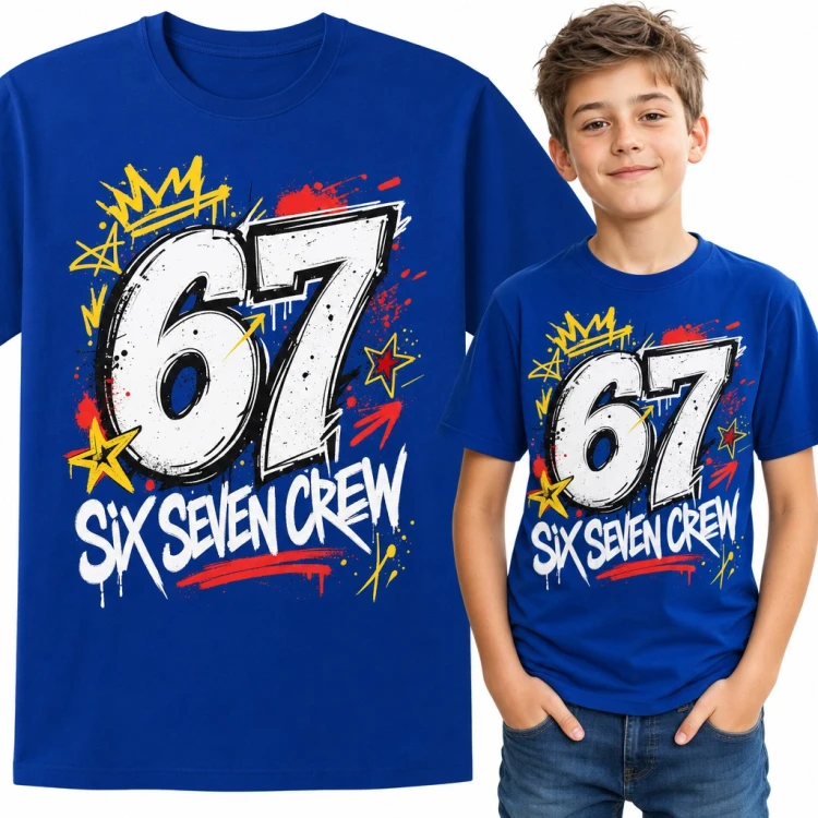 Koszulka chłopięca „67 Six Seven Crew” - mem w stylu graffiti z koroną