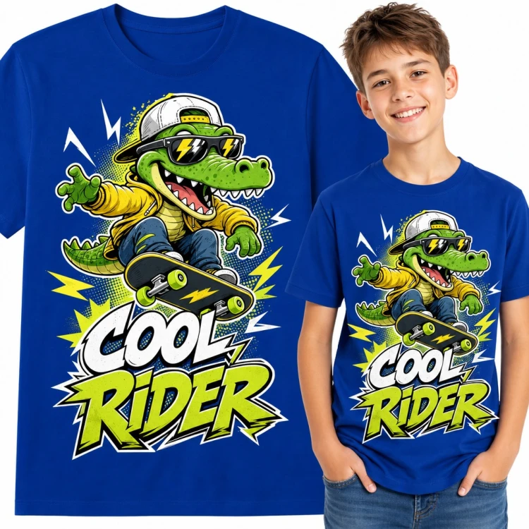 Koszulka chłopięca z krokodylem na deskorolce „Cool rider” - wzór dla skatera