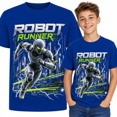 Koszulka chłopięca „Robot Runner” - biegnący cyborg w neonowym mieście