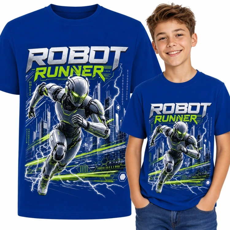 Koszulka chłopięca „Robot Runner” - biegnący cyborg w neonowym mieście