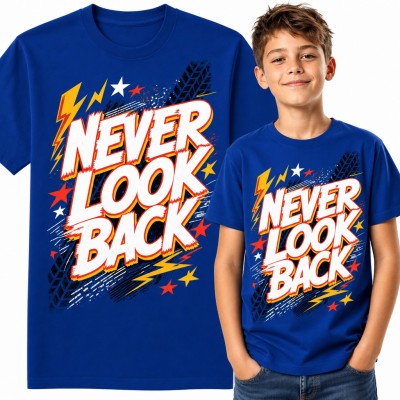 Koszulka chłopięca „Never look back” - komiksowy napis z błyskawicami