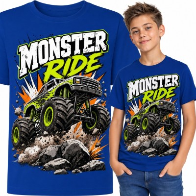 Koszulka chłopięca monster truck „Monster Ride” - auto terenowe na skałach