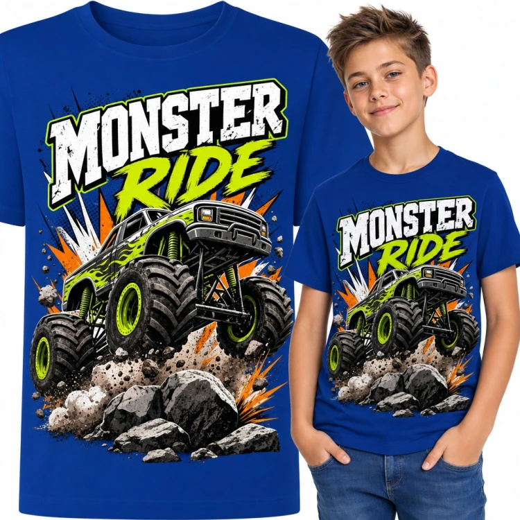 Koszulka chłopięca monster truck „Monster Ride” - auto terenowe na skałach