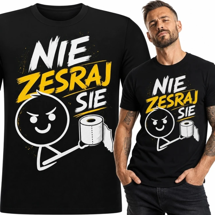 Koszulka męska „Nie zesraj się” z komiksową postacią i papierem toaletowym