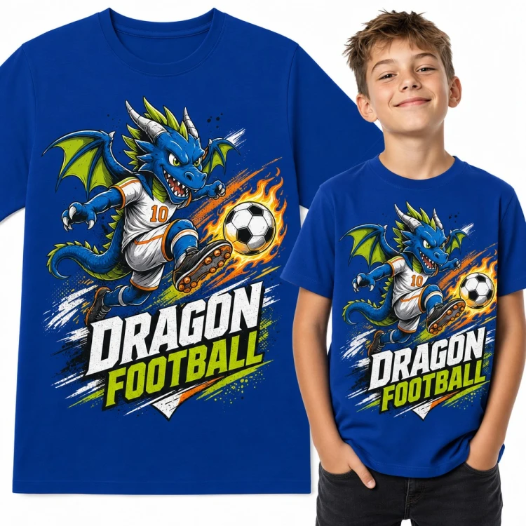 Koszulka chłopięca smok piłkarz z płonącą piłką „Dragon Football”