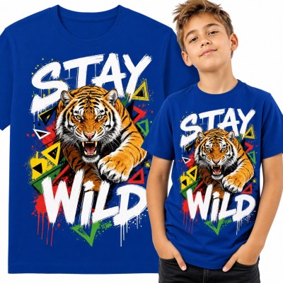 Koszulka chłopięca „Stay wild” z ryczącym tygrysem w stylu graffiti