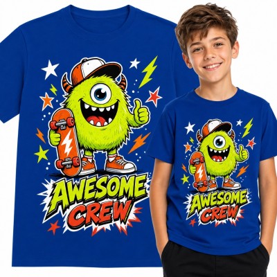 Koszulka chłopięca „Awesome Crew” - zielony potworek z deskorolką
