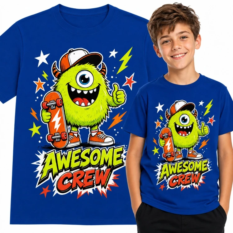 Koszulka chłopięca „Awesome Crew” - zielony potworek z deskorolką