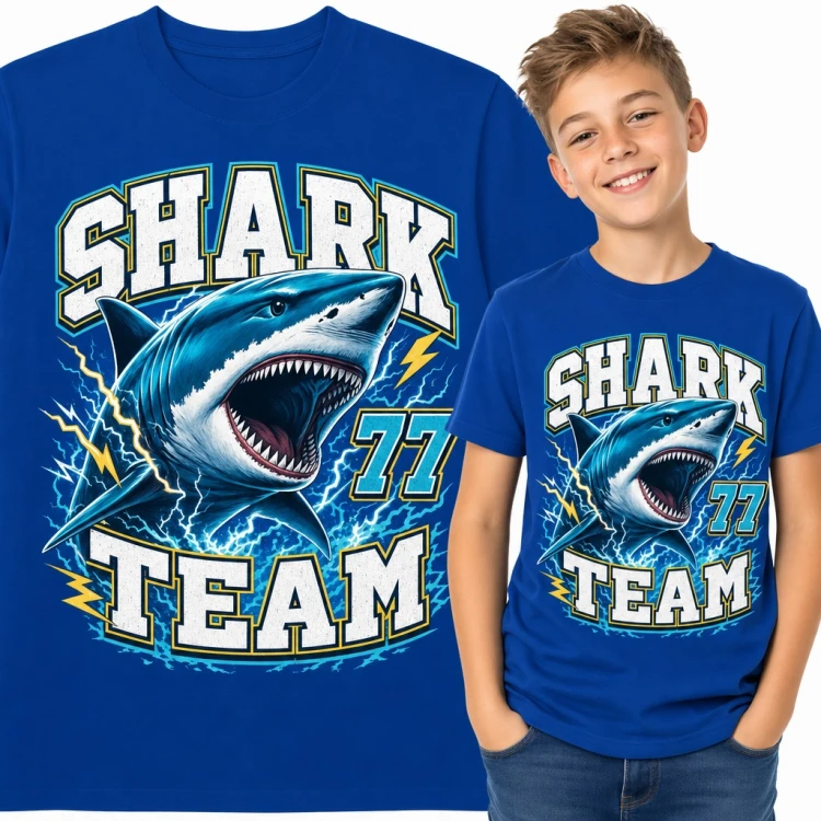 Koszulka chłopięca z rekinem i błyskawicami „Shark 77 Team”