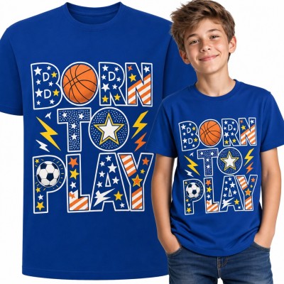 Koszulka chłopięca „Born to play” - koszykówka i piłka nożna w gwiazdkach