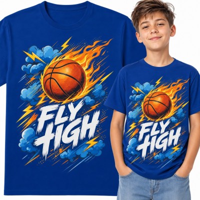 Koszulka chłopięca do koszykówki „Fly high” - płonąca piłka i błyskawice