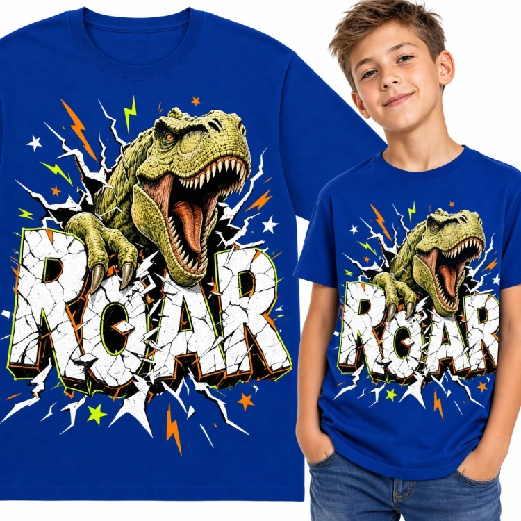 Koszulka chłopięca z ryczącym T-rexem „Roar” - dinozaur przebijający napis