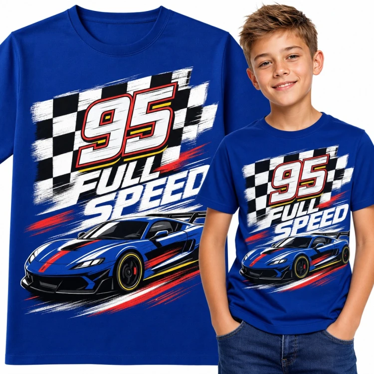 Koszulka chłopięca „95 Full Speed” - wyścigowe auto z flagą w szachownicę