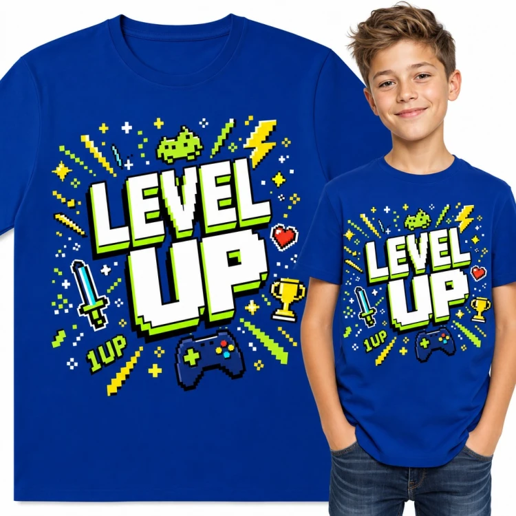 Koszulka chłopięca „Level up” - pikselowy pad i ikony z gier