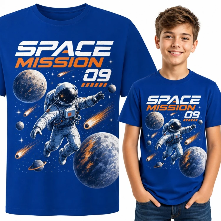 Koszulka chłopięca „Space Mission 09” - astronauta wśród planet i meteorów
