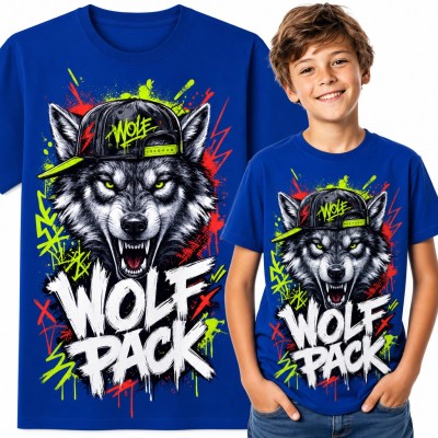 Koszulka chłopięca „Wolf Pack” - wilk w czapce z daszkiem w stylu graffiti