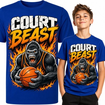 Koszulka chłopięca „Court Beast” - goryl z piłką do koszykówki w ogniu