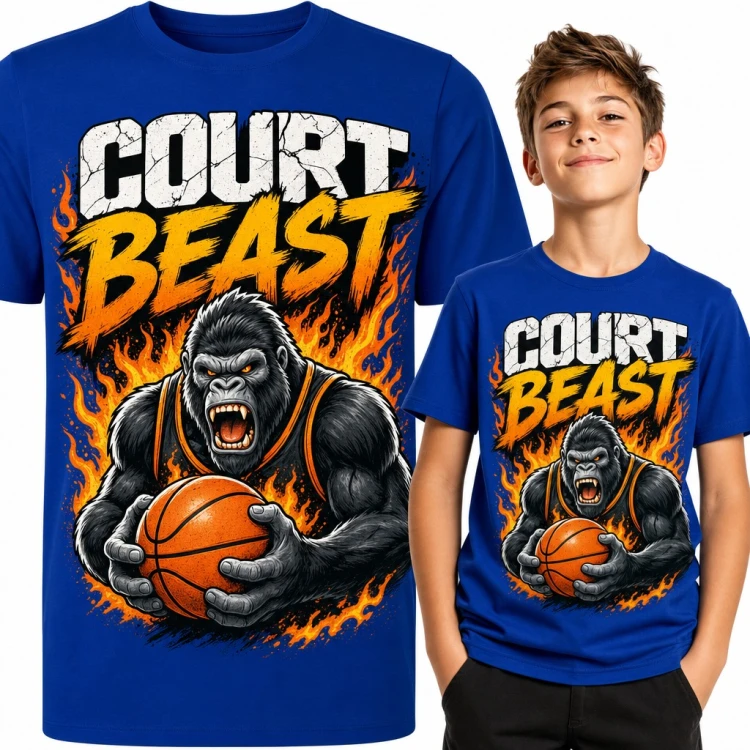 Koszulka chłopięca „Court Beast” - goryl z piłką do koszykówki w ogniu