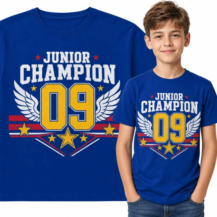 Koszulka chłopięca „Junior Champion 09” - sportowy numer ze skrzydłami i gwiazdami