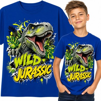 Koszulka chłopięca z tyranozaurem „Wild Jurassic” - graffiti i dżungla