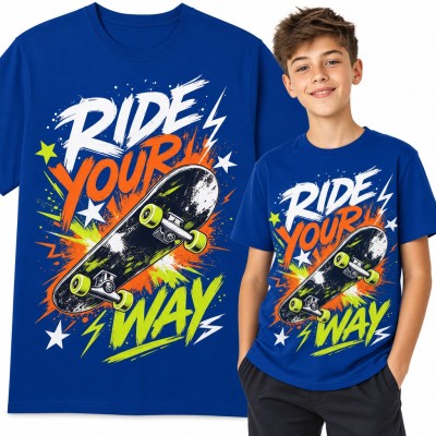 Koszulka chłopięca z deskorolką „Ride your way” - neonowe graffiti dla skatera