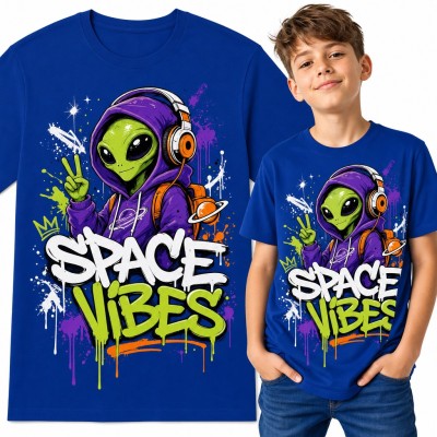 Koszulka chłopięca z kosmitą w słuchawkach - graffiti „Space Vibes”