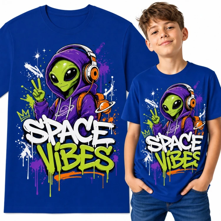 Koszulka chłopięca z kosmitą w słuchawkach - graffiti „Space Vibes”